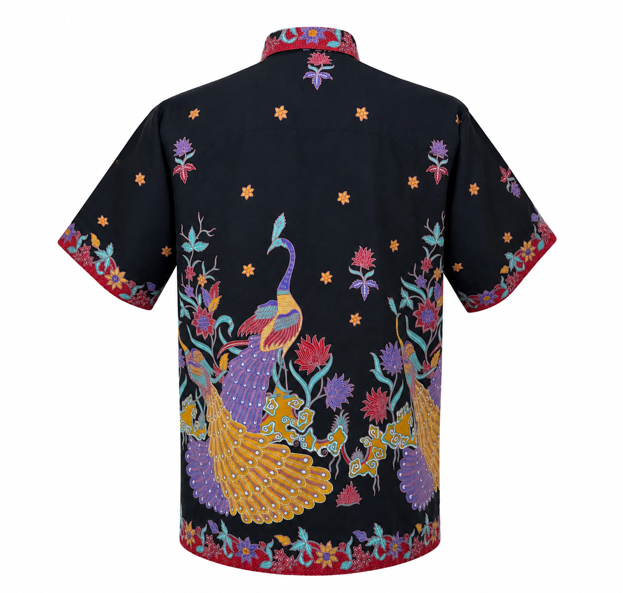 (SSPC-PE-BLKRED) Short Sleeve Pointed Collar Black Red Peacock Shirt