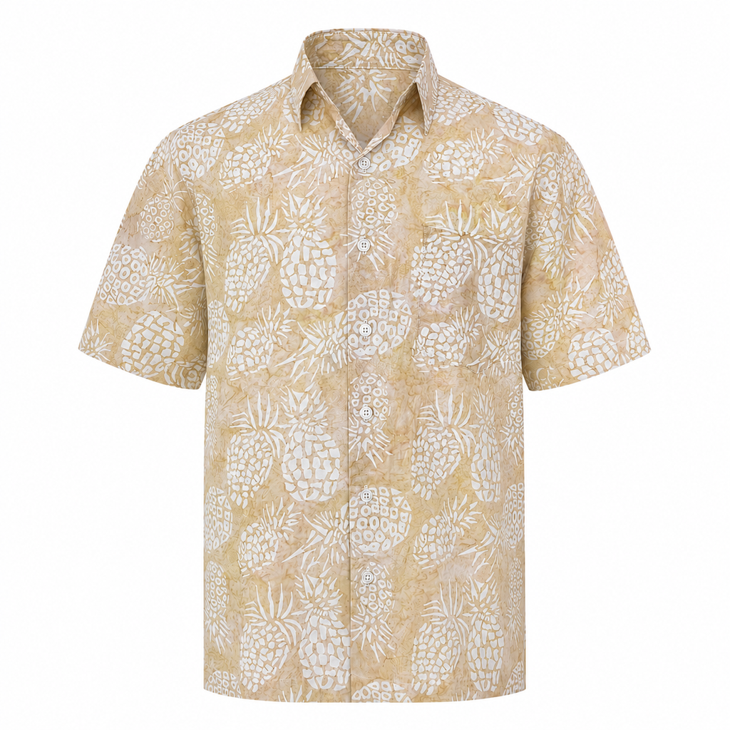 (SSPC-PI-BEI) Short Sleeve Pointed Collar Beige Pineapple Shirt
