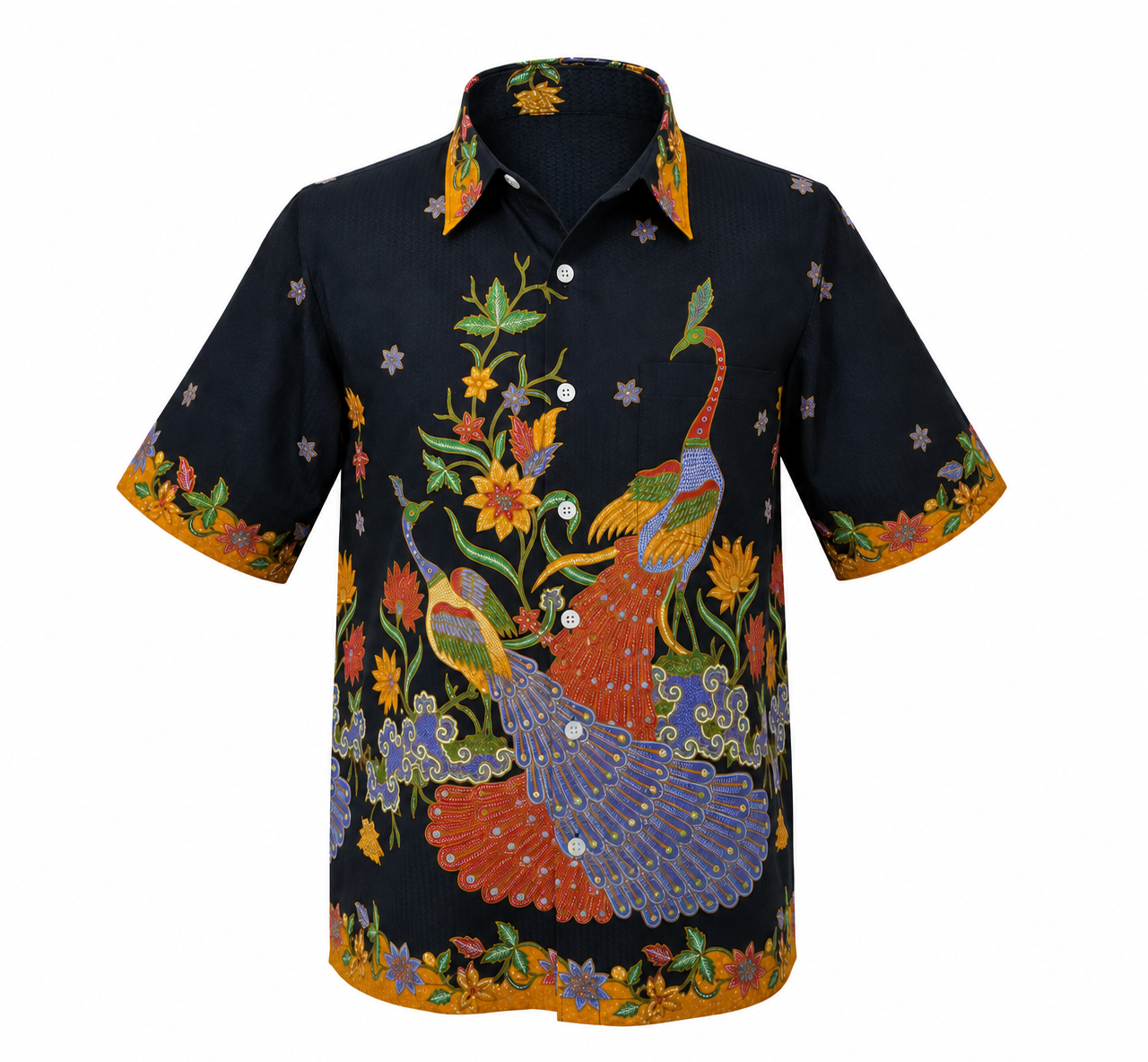 (SSPC-PE-BLKORG) Short Sleeve Pointed Collar Black Orange Peacock Shirt