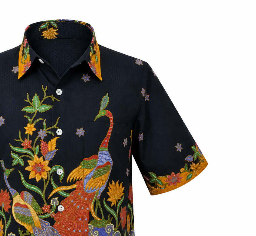 (SSPC-PE-BLKORG) Short Sleeve Pointed Collar Black Orange Peacock Shirt