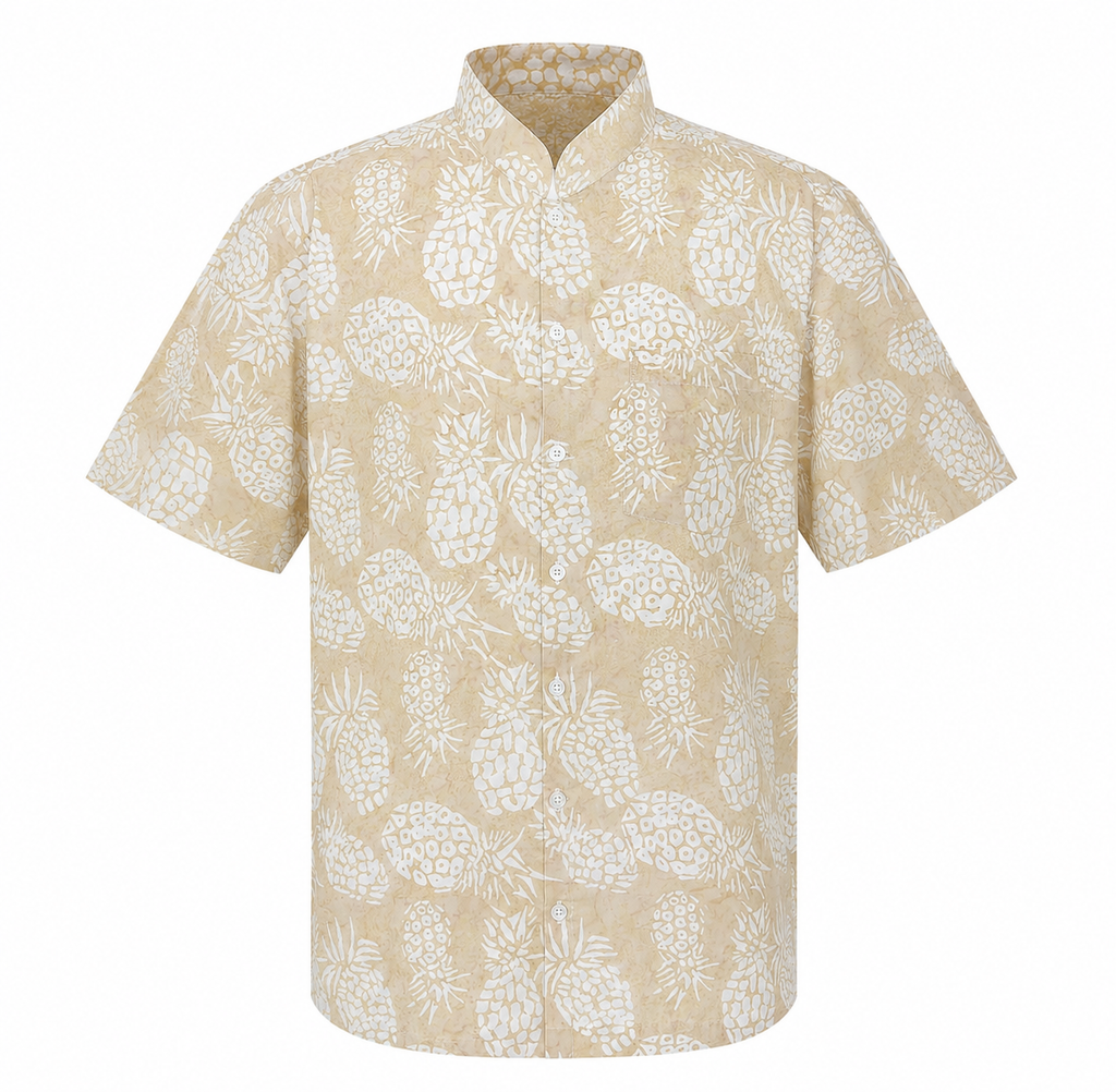 (SSMC-PI-BEI) Short Sleeve Mandarin Collar Beige Pineapple Shirt
