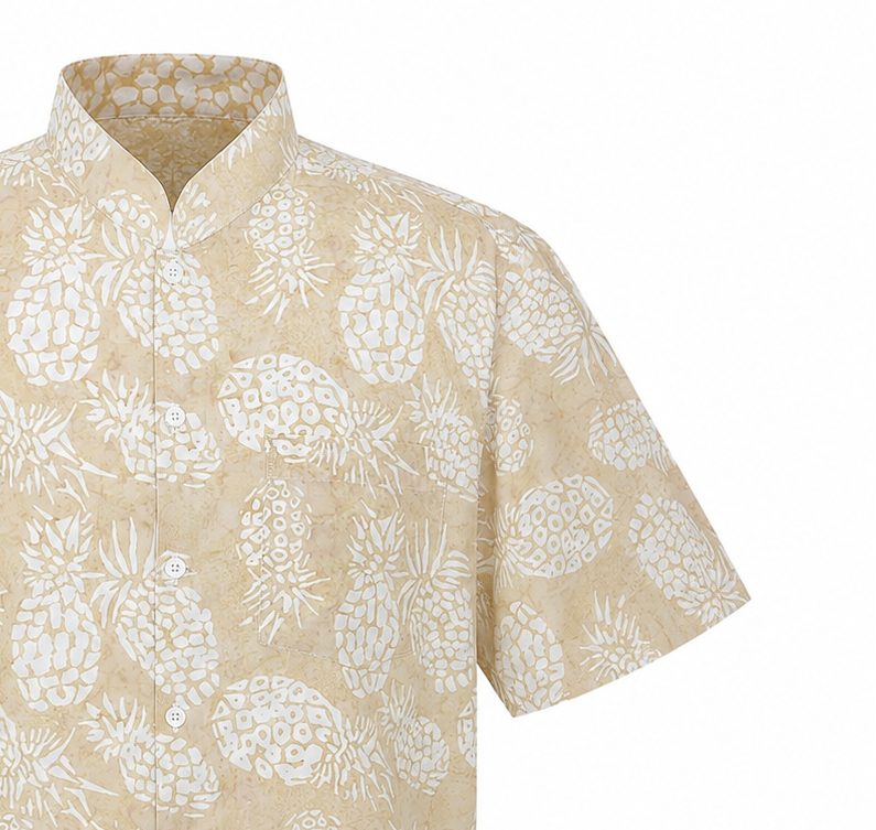 (SSMC-PI-BEI) Short Sleeve Mandarin Collar Beige Pineapple Shirt