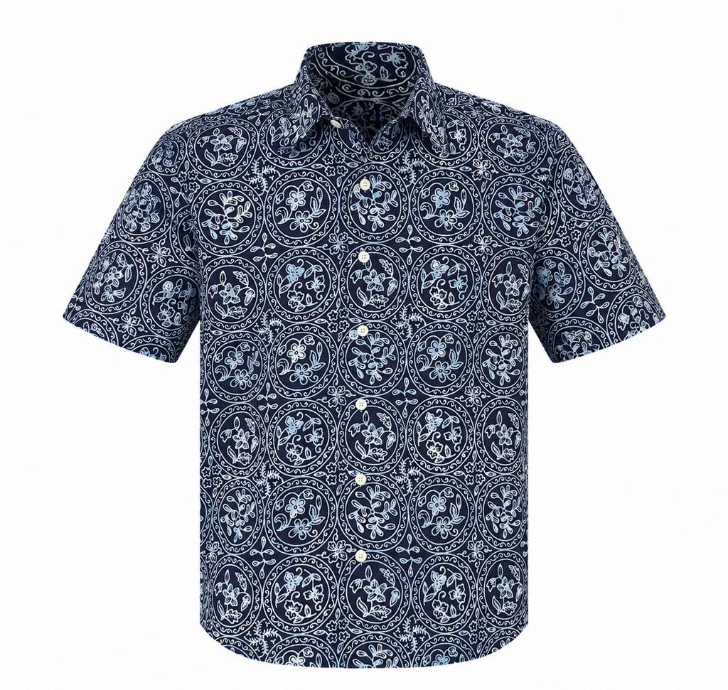 (SSPC-C-BLU) Short Sleeve Pointed Collar Blue Circles Shirt