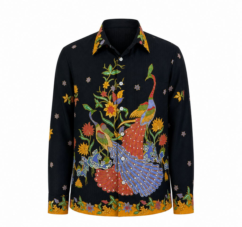 (LSPC-PE-BLKORG) Long Sleeve Pointed Collar Black Orange Peacock Shirt