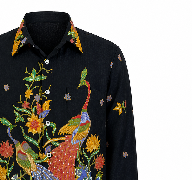 (LSPC-PE-BLKORG) Long Sleeve Pointed Collar Black Orange Peacock Shirt