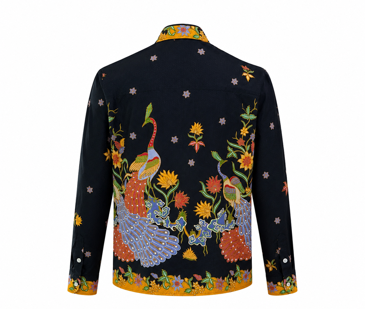 (LSPC-PE-BLKORG) Long Sleeve Pointed Collar Black Orange Peacock Shirt