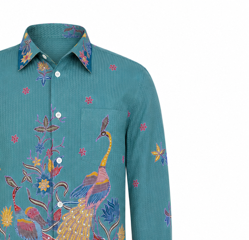 (LSPC-PE-TUR) Long Sleeve Pointed Collar Turquoise Peacock Shirt