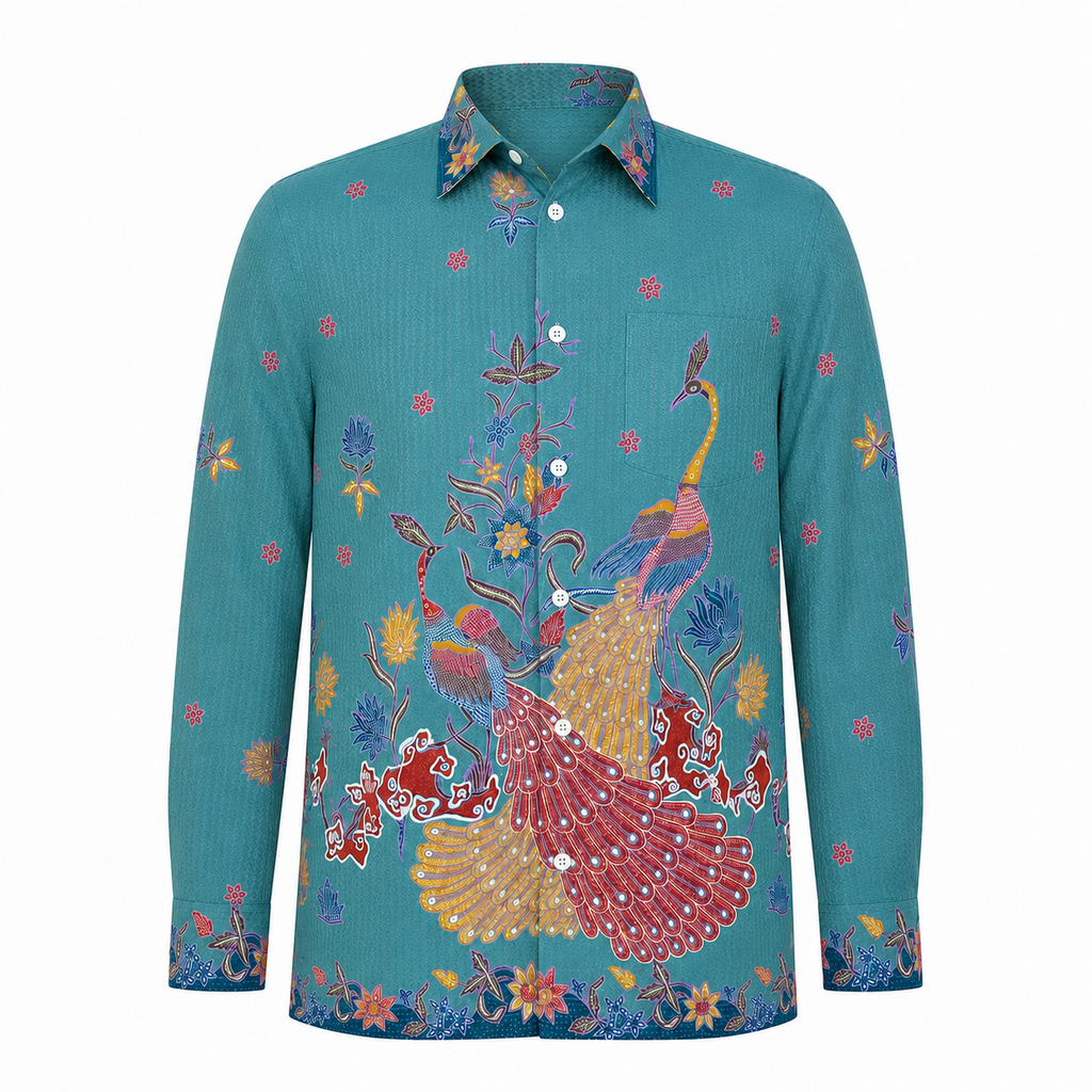 (LSPC-PE-TUR) Long Sleeve Pointed Collar Turquoise Peacock Shirt