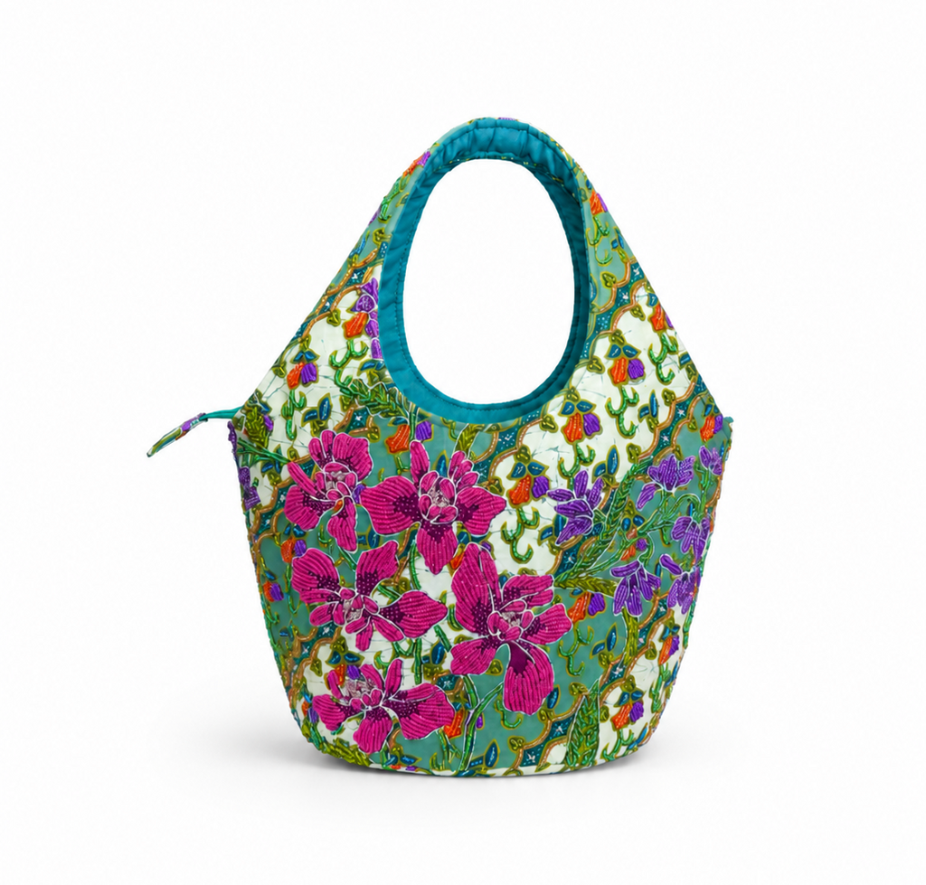 (TTCRTB-ORPNKPUR-TUR) Pink Purple Orchid Turquoise Round Tote Bag