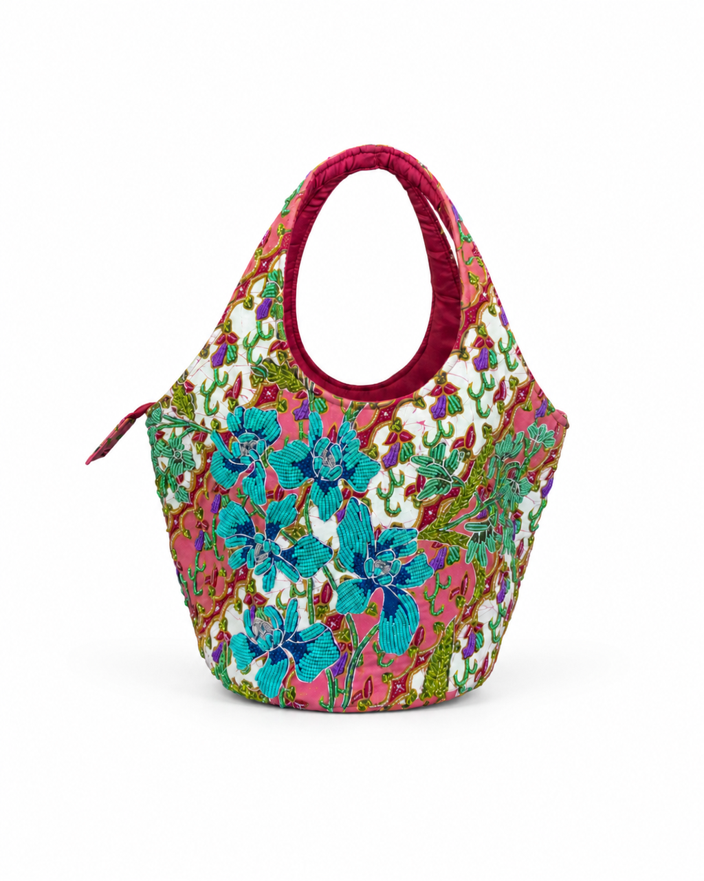 (TTCRTB-ORTURGRN-MAR) Turquoise Green Orchid Maroon Round Tote Bag
