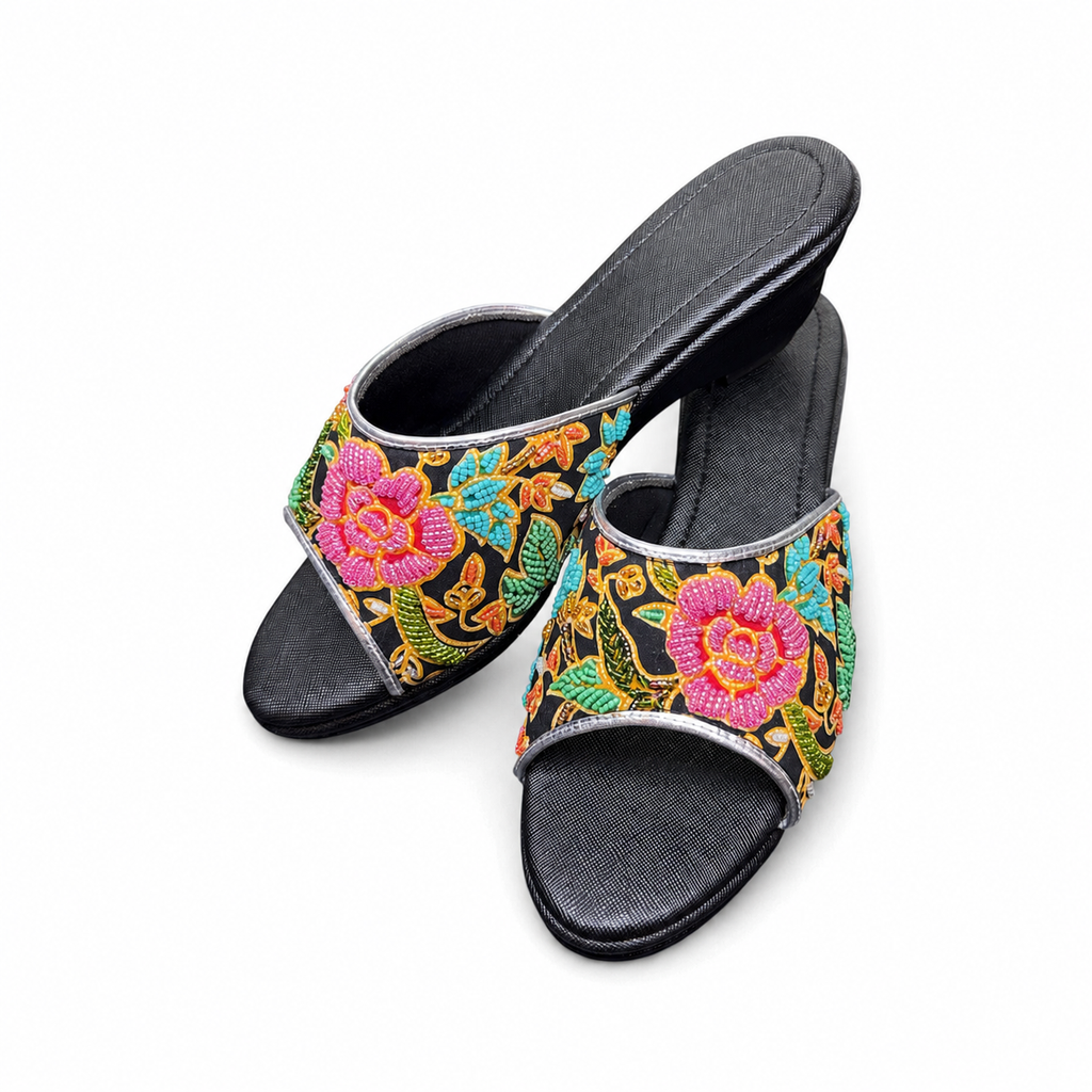 (WBLA-FLOPI) Black Wedges - Pink Beaded Flower