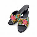 (WBLA-FLOPI) Black Wedges - Pink Beaded Flower