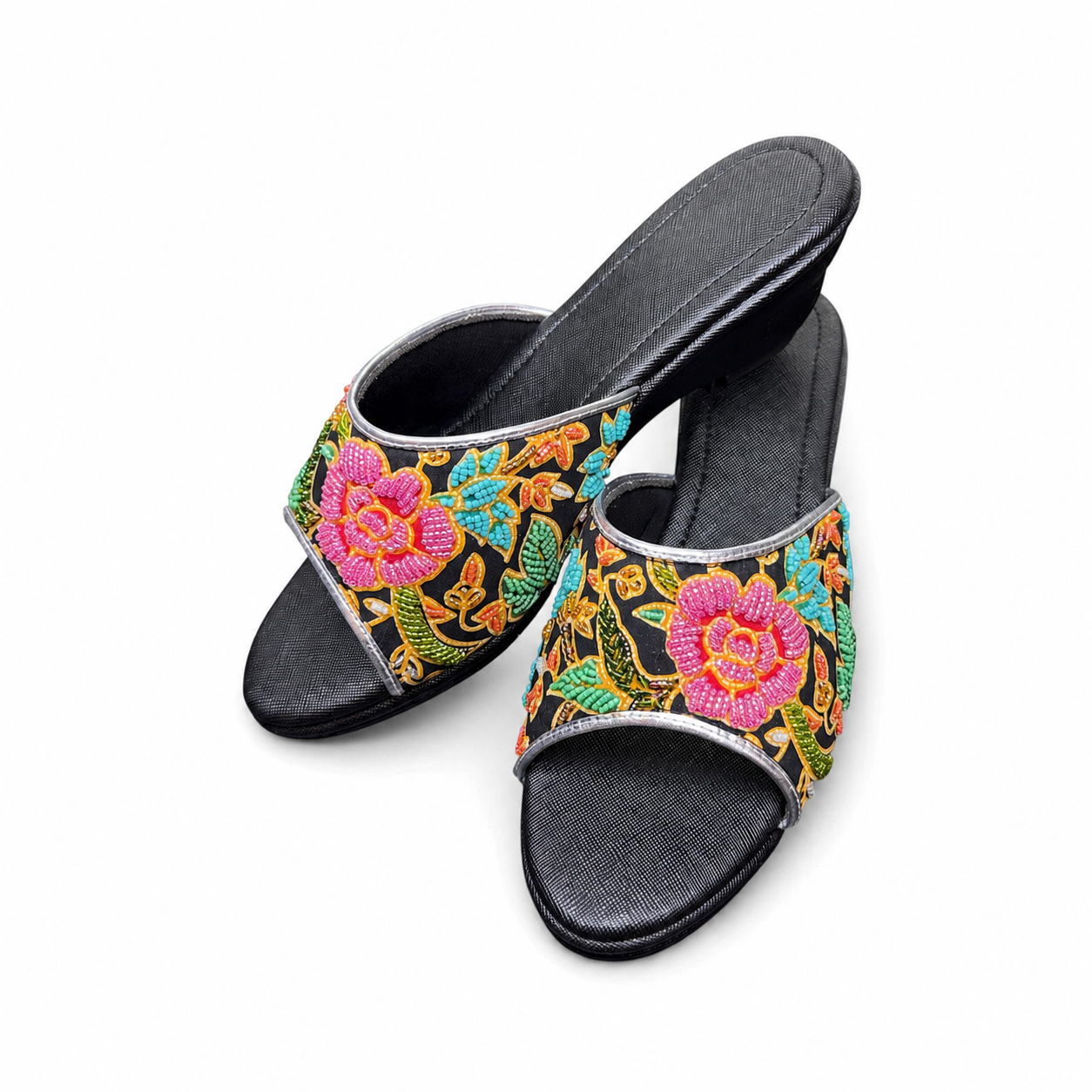 (WBLA-FLOPI) Black Wedges - Pink Beaded Flower