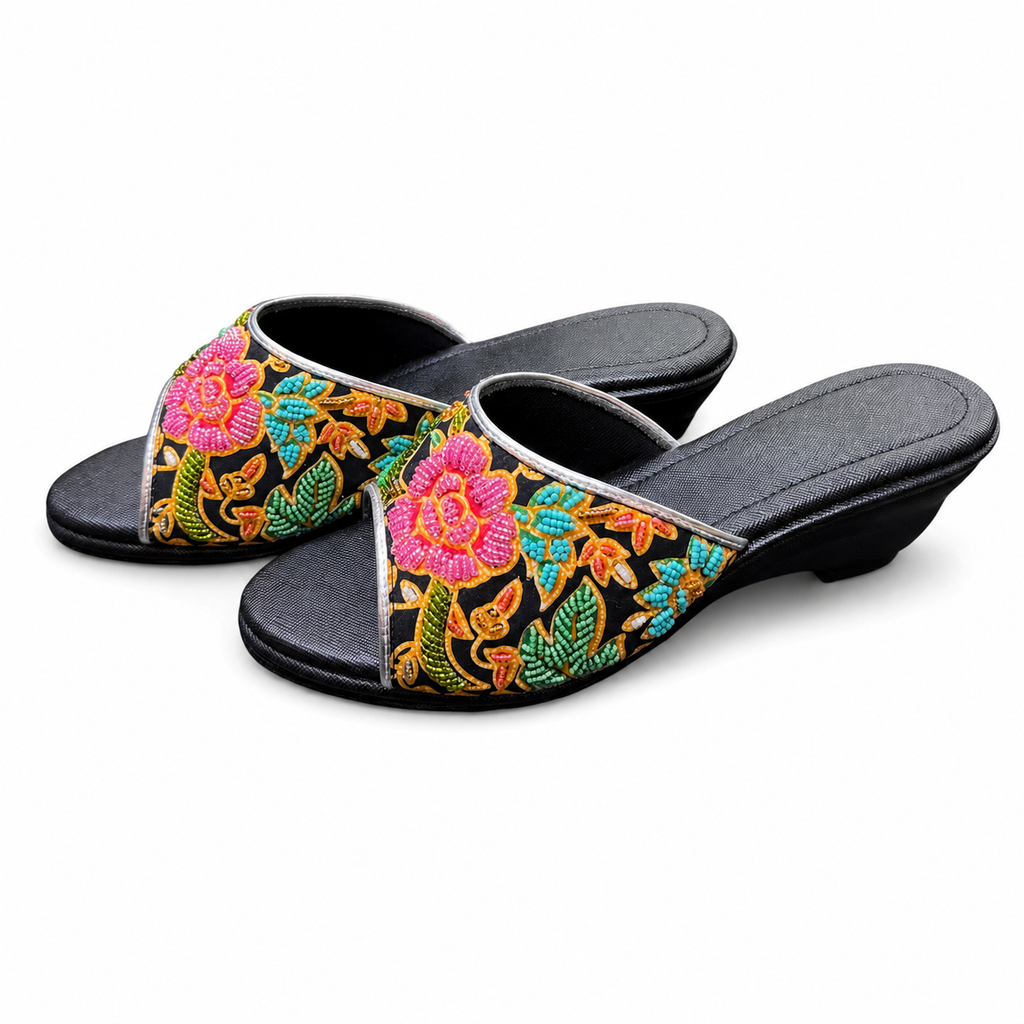 (WBLA-FLOPI) Black Wedges - Pink Beaded Flower