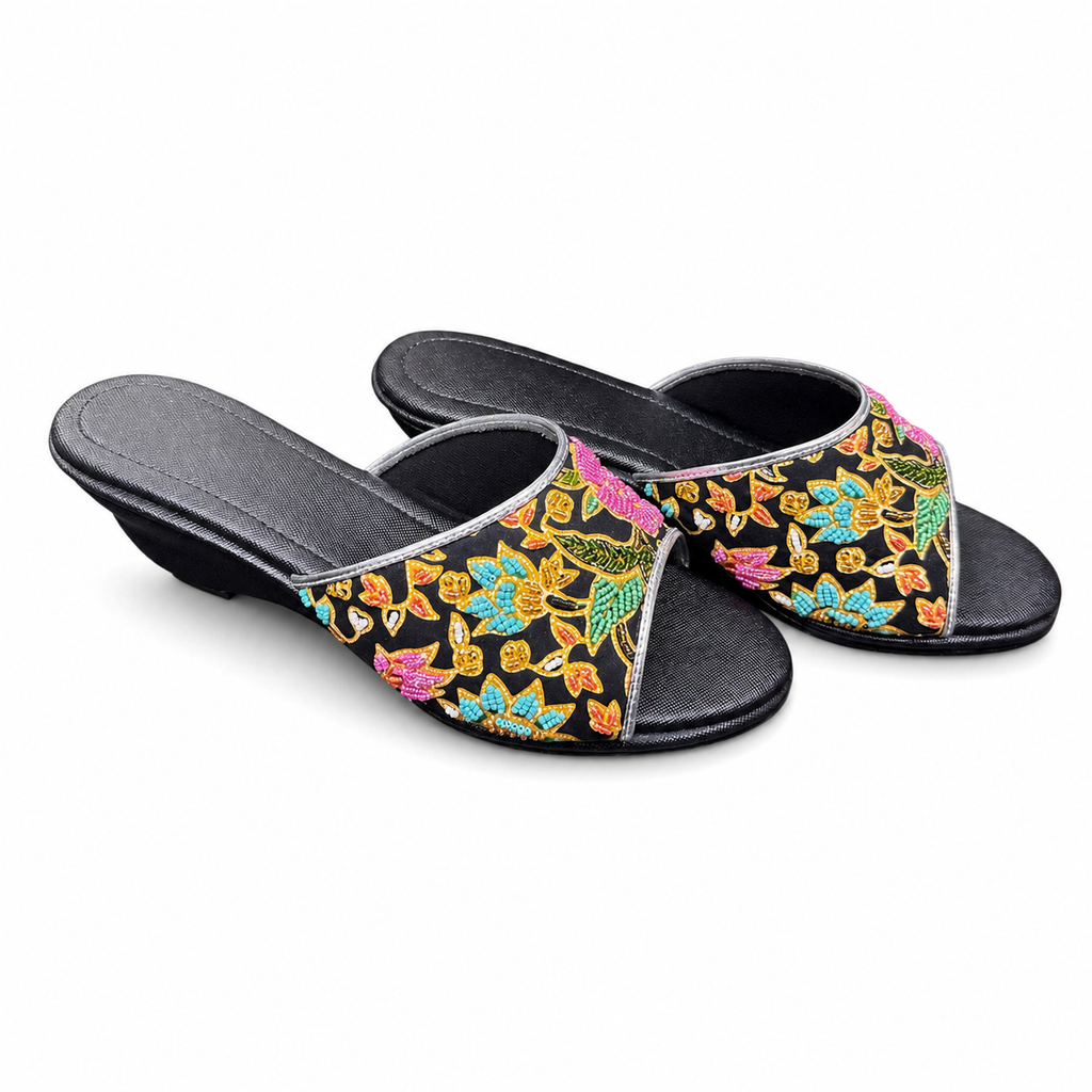 (WBLA-FLOPI) Black Wedges - Pink Beaded Flower