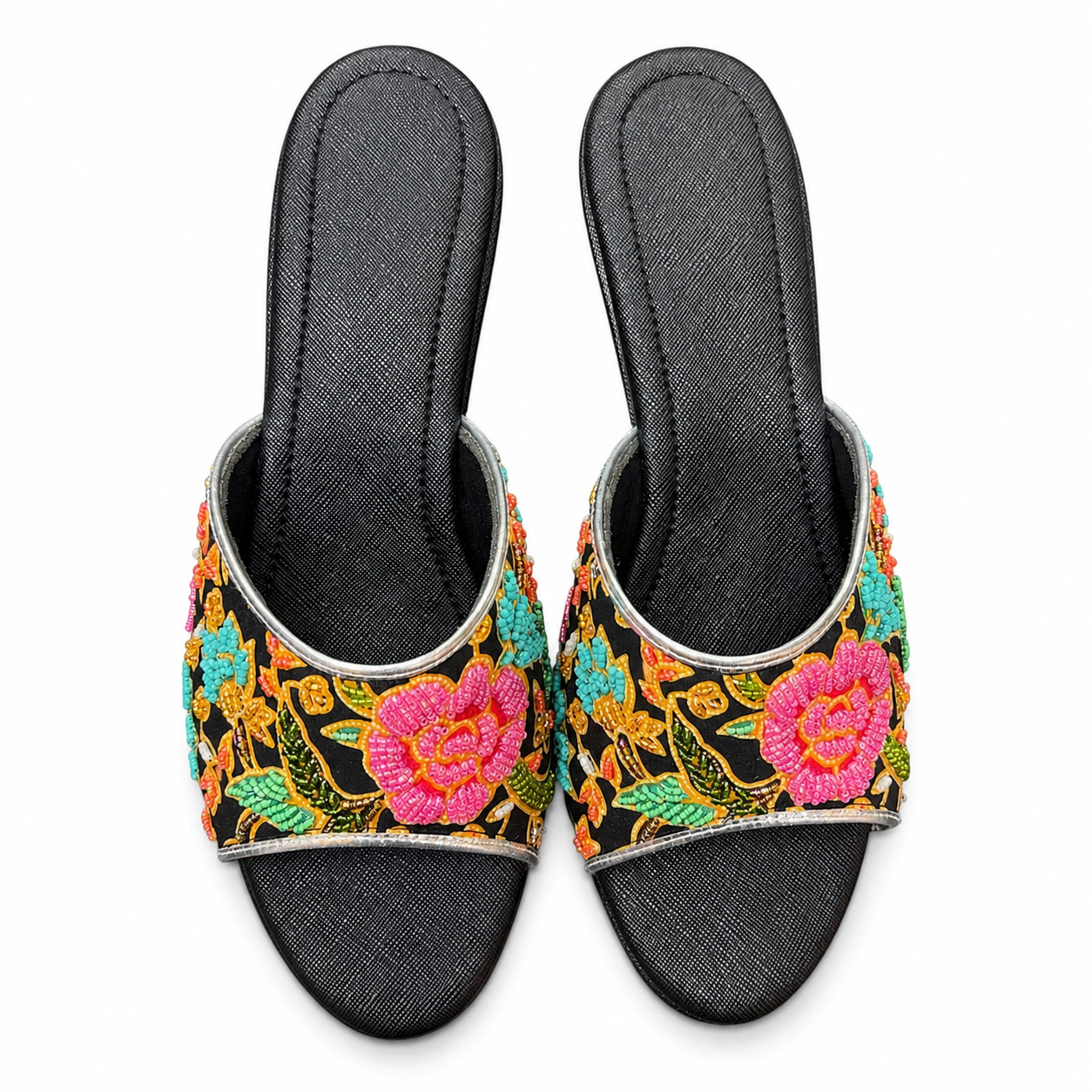 (WBLA-FLOPI) Black Wedges - Pink Beaded Flower