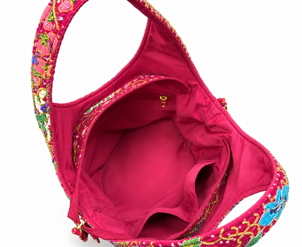 (TTCRTB-ORTURGRN-MAR) Turquoise Green Orchid Maroon Round Tote Bag