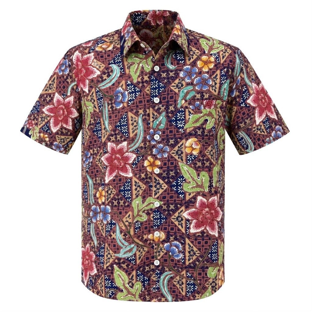 (SSPC-FL-NBR) Short Sleeve Pointed Collar Navy Brown Flower Batik Shirt