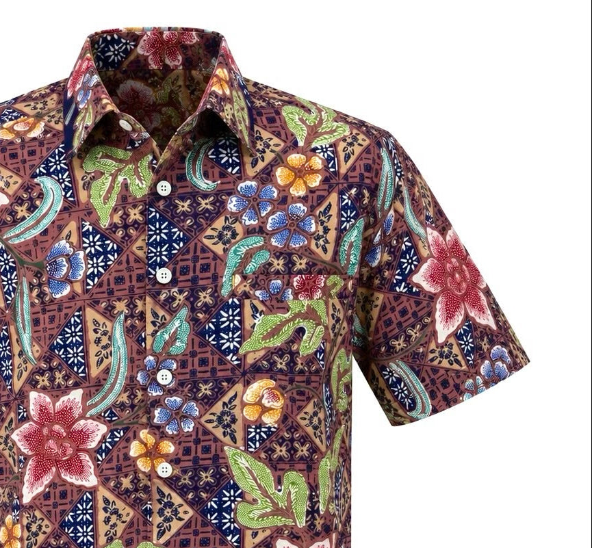 (SSPC-FL-NBR) Short Sleeve Pointed Collar Navy Brown Flower Batik Shirt