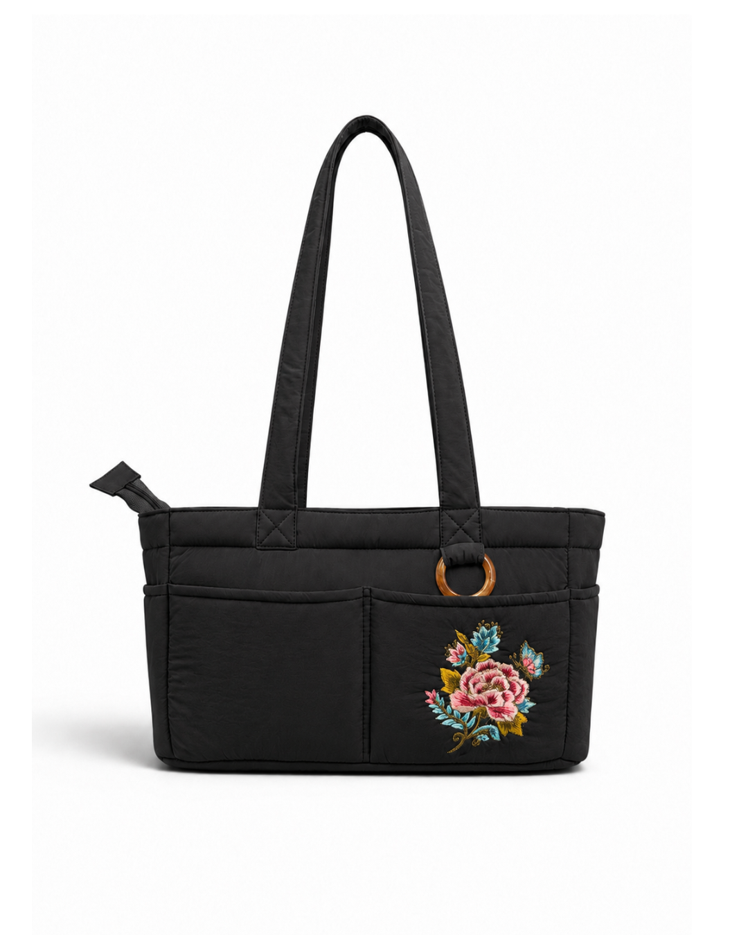 (TTCPEBB-PF-BLK) Black Puffer Peony Flower Embroidery Boston Bag