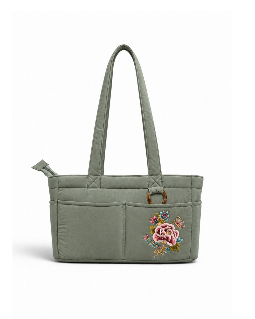 (TTCPEBB-PF-GRN) Green Puffer Peony Flower Embroidery Boston Bag