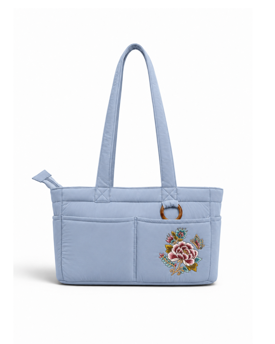 (TTCPEBB-PF-LBL) Light Blue Puffer Peony Flower Embroidery Boston Bag