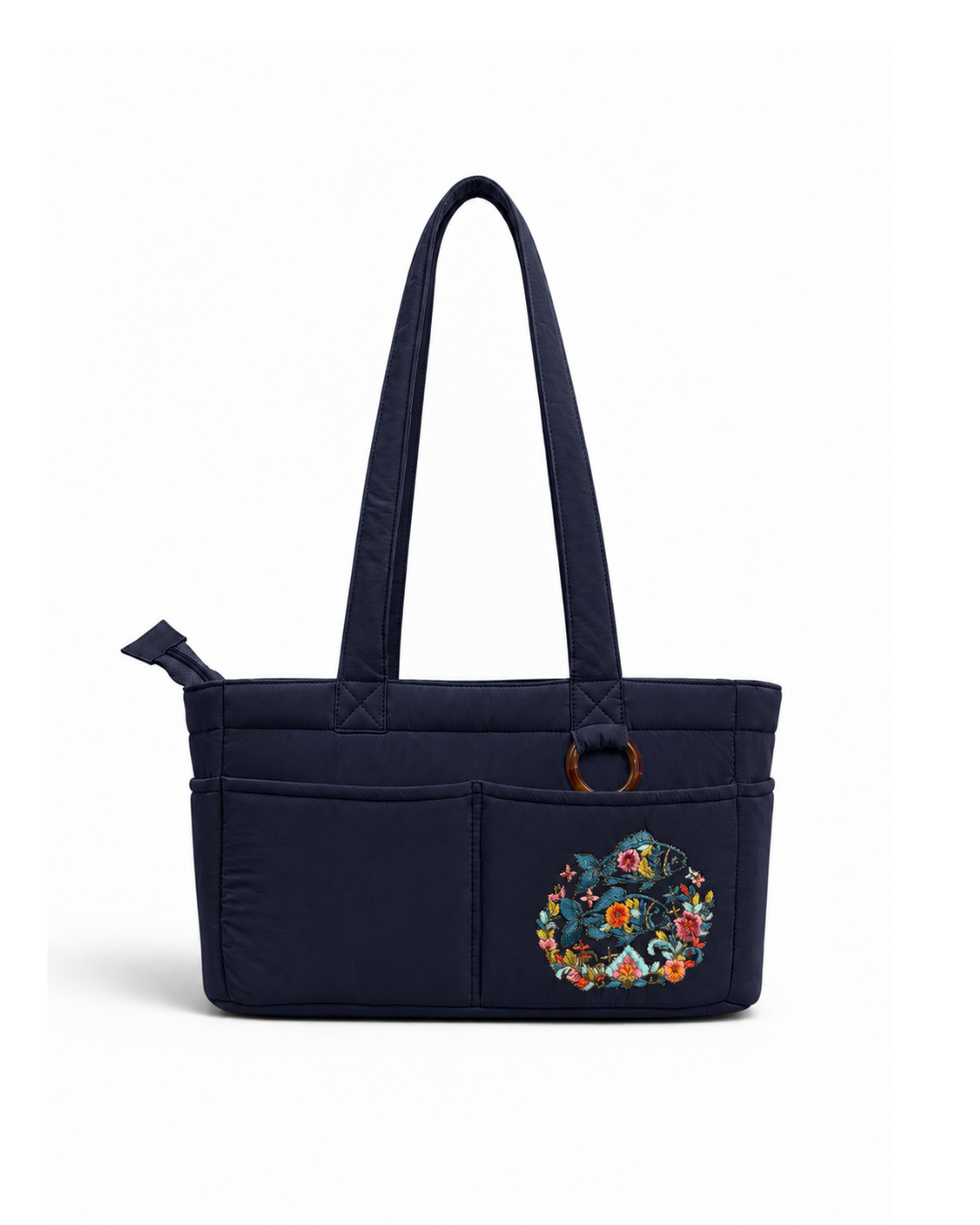 (TTCPEBB-FF-BLU) Blue Puffer Flower Fish Embroidery Boston Bag
