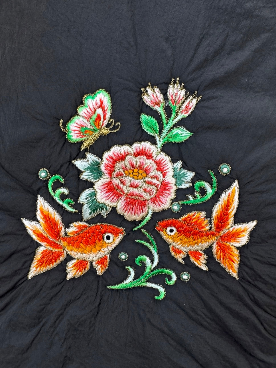 (LTBPEWTB-BLK-GF) Black Puffer Goldfish Embroidery Shoulder & Crossbody Work Tote Bag