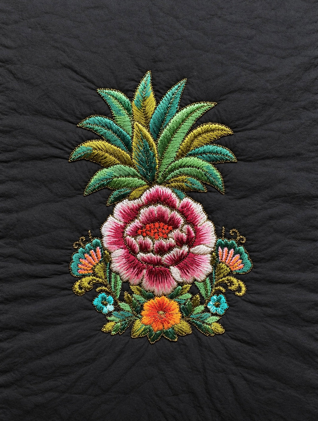 (LTBPEWTB-BLK-PP) Black Puffer Pineapple Peony Embroidery Shoulder & Crossbody Work Tote Bag
