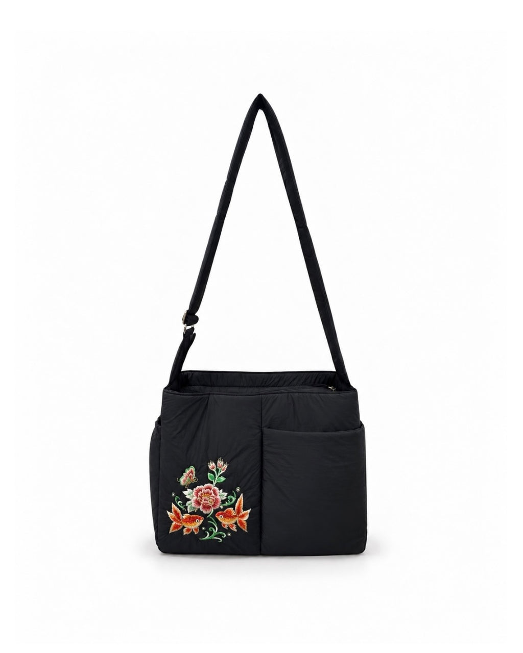 (LTBPEWTB-BLK-GF) Black Puffer Goldfish Embroidery Shoulder & Crossbody Work Tote Bag
