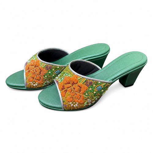 (HGRN-FLOORGPUR) Green Heels - Orange Purple Beaded Flower