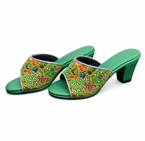 (HGRN-FLOGRNPUR) Green Heels - Green Purple Beaded Flower