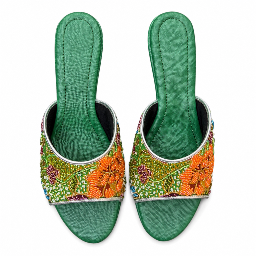 (HG-FLOO) Green Heels - Orange Beaded Flower