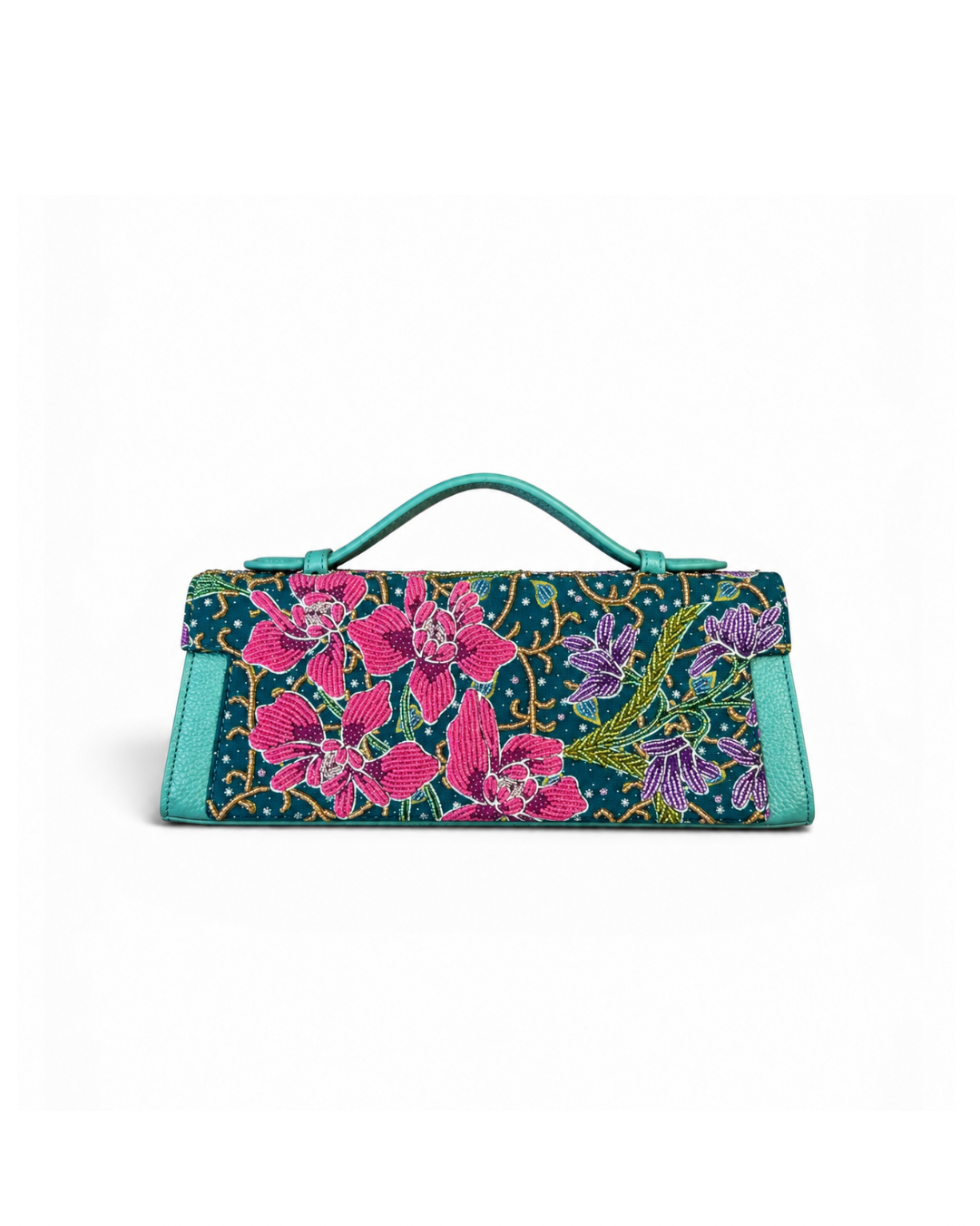 (TTCLTB-TUR-ORPNKPUR) Turquoise Leather Trapeze Bag Pink Purple Orchid