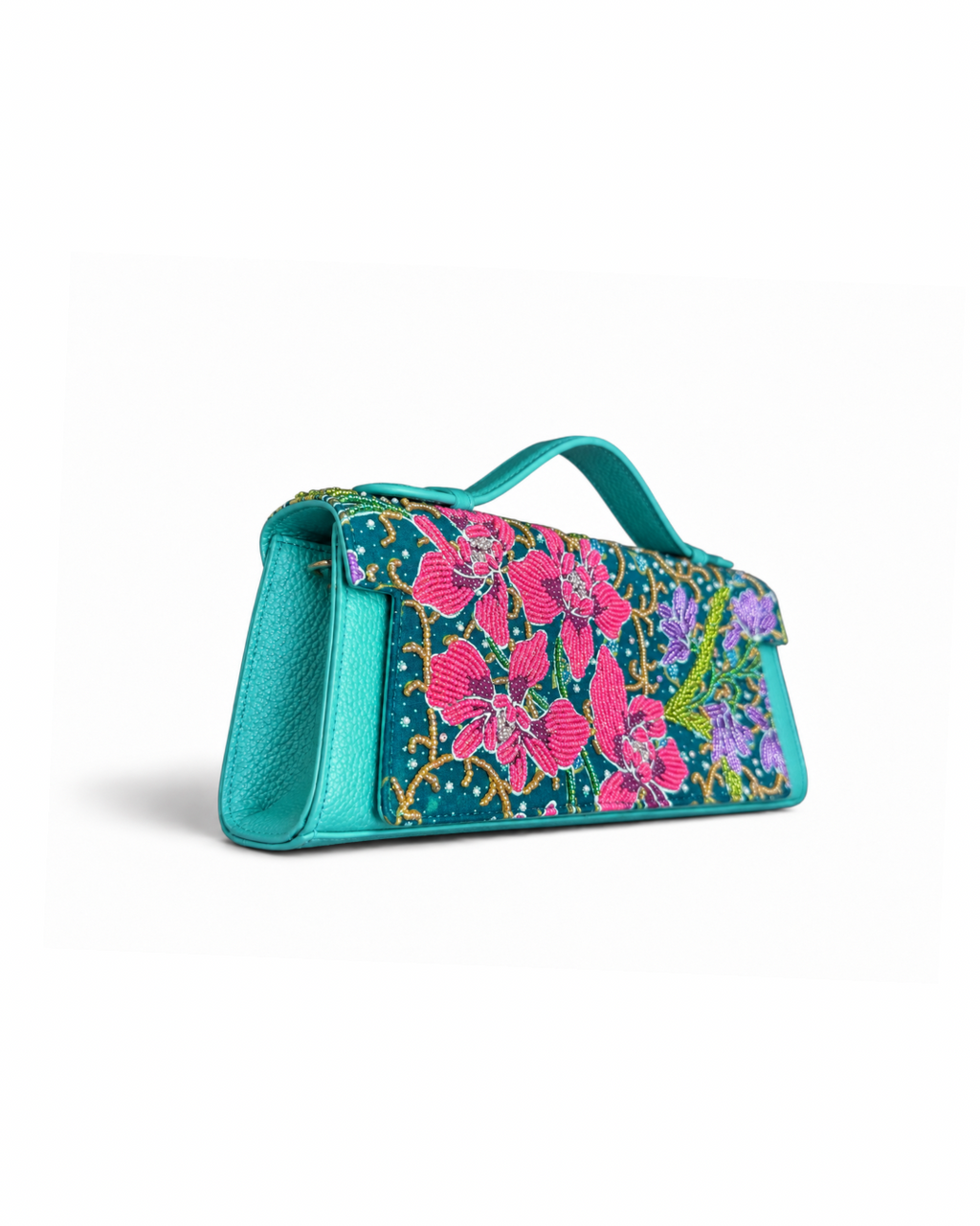 (TTCLTB-TUR-ORPNKPUR) Turquoise Leather Trapeze Bag Pink Purple Orchid