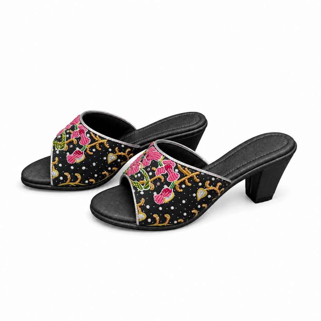 (HBLK-ORPNK) Black Heels - Pink Beaded Orchid