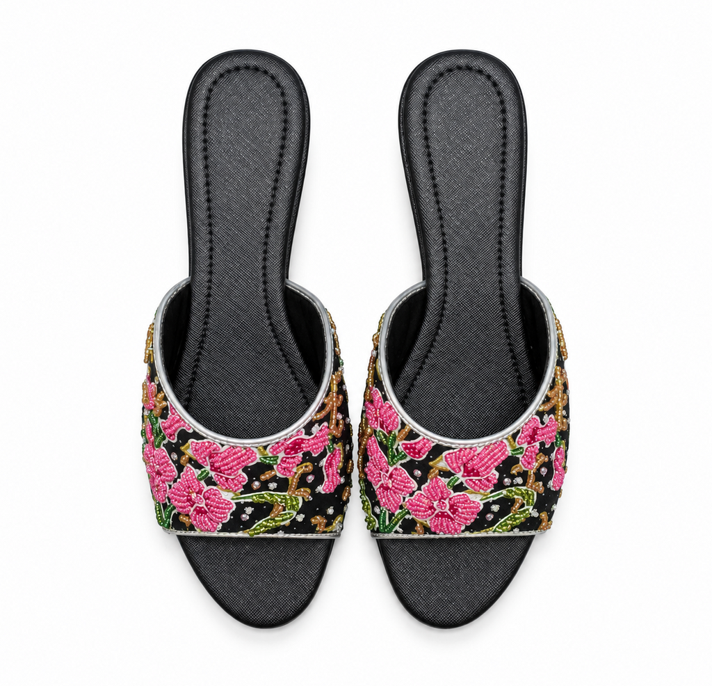 (HBLK-ORPNK) Black Heels - Pink Beaded Orchid