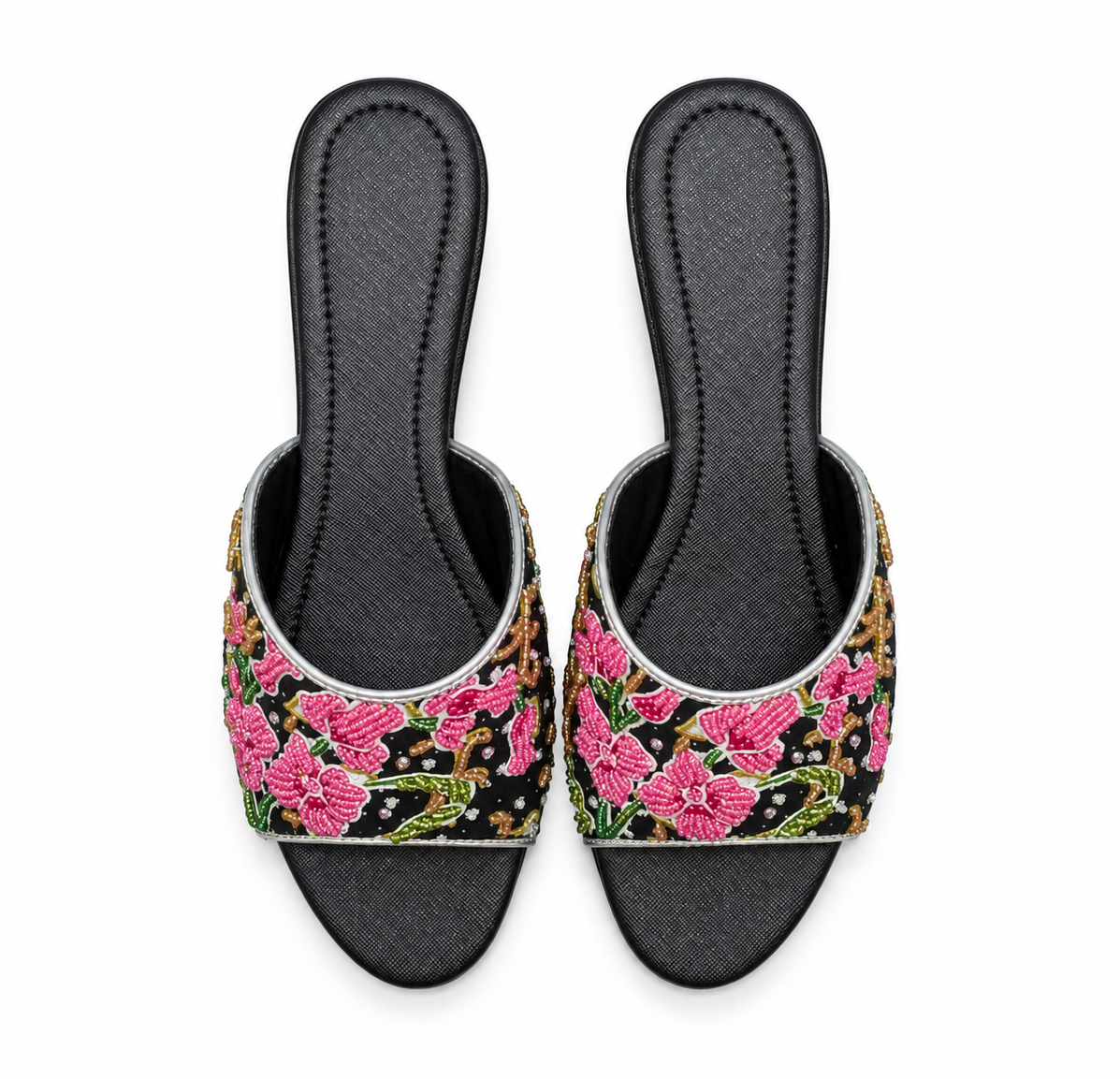 (HBLK-ORPNK) Black Heels - Pink Beaded Orchid