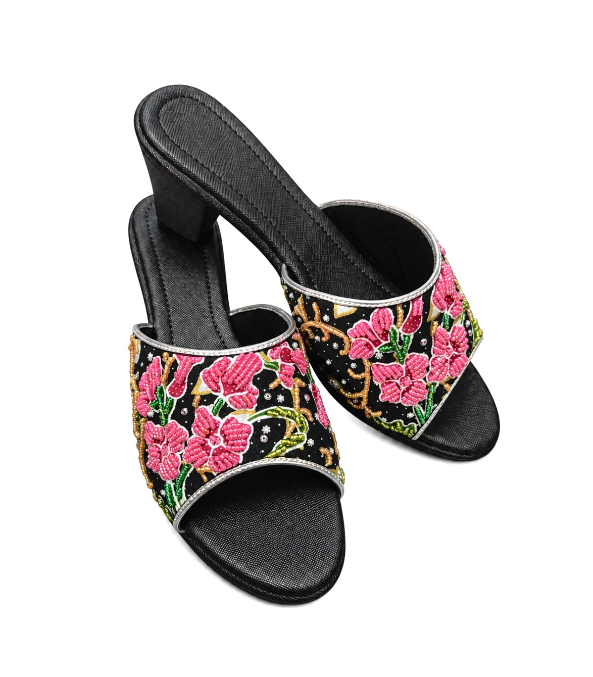 (HBLK-ORPNK) Black Heels - Pink Beaded Orchid