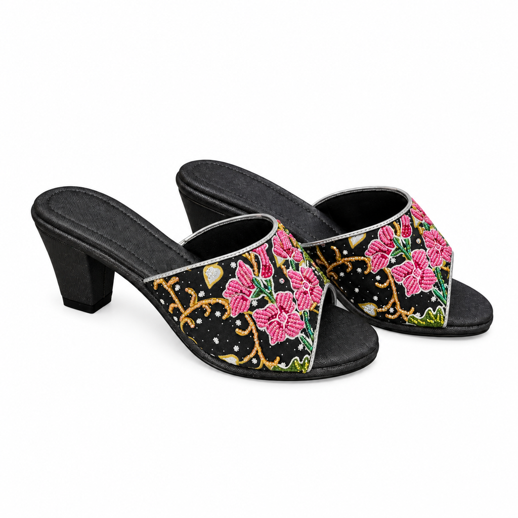 (HBLK-ORPNK) Black Heels - Pink Beaded Orchid