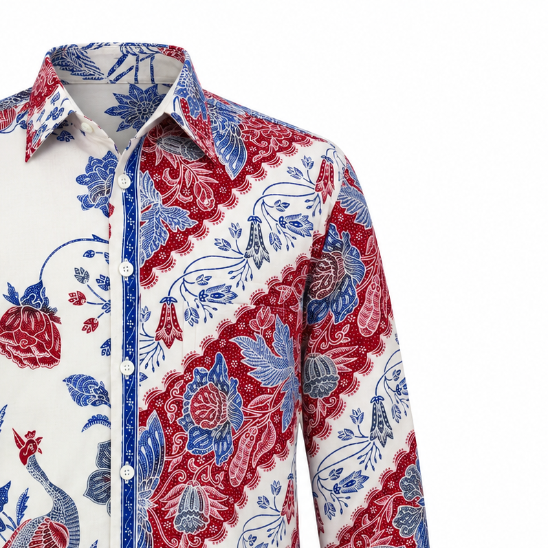 (LSPC-PE-WHT) Long Sleeve Pointed Collar White Peacock Batik Shirt