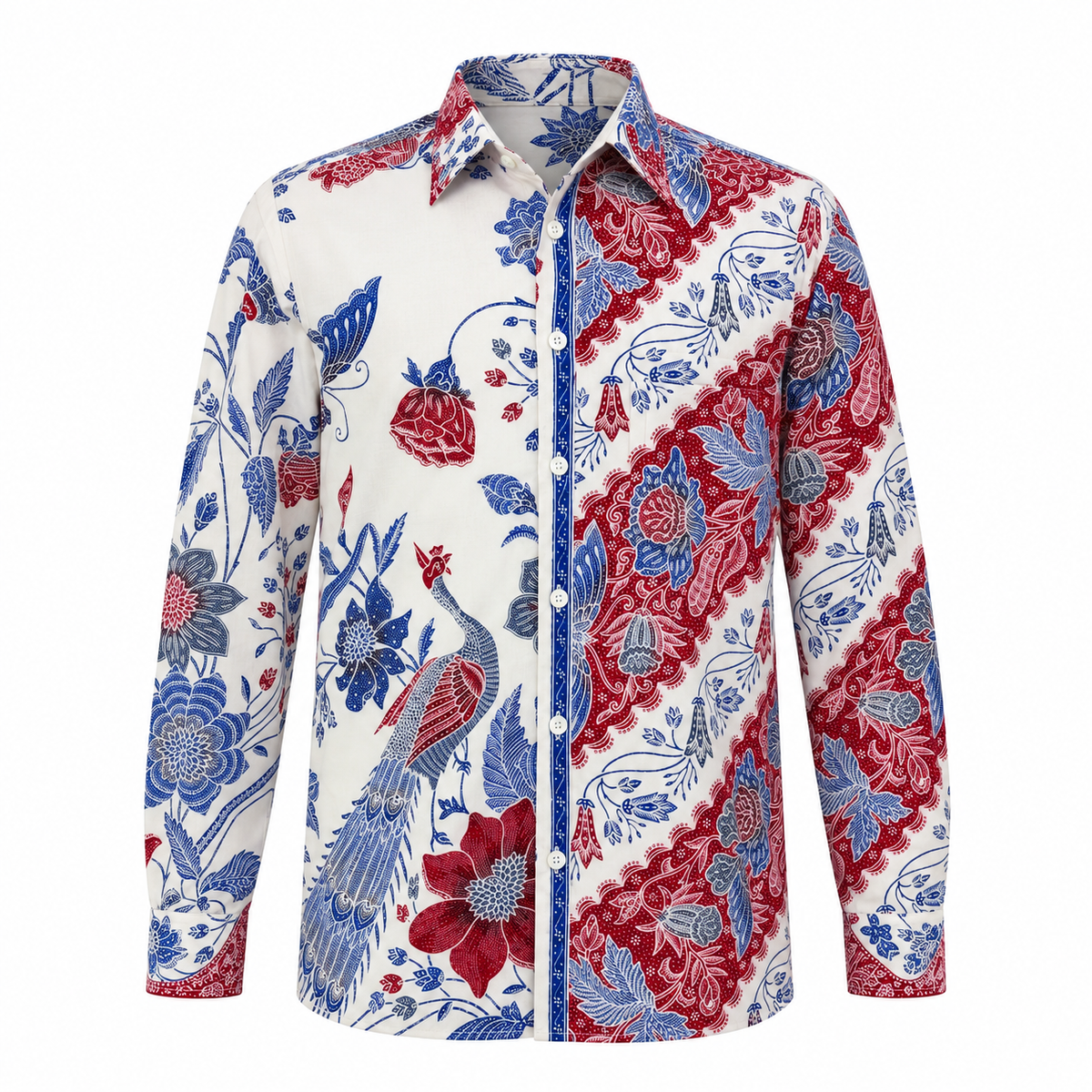 (LSPC-PE-WHT) Long Sleeve Pointed Collar White Peacock Batik Shirt