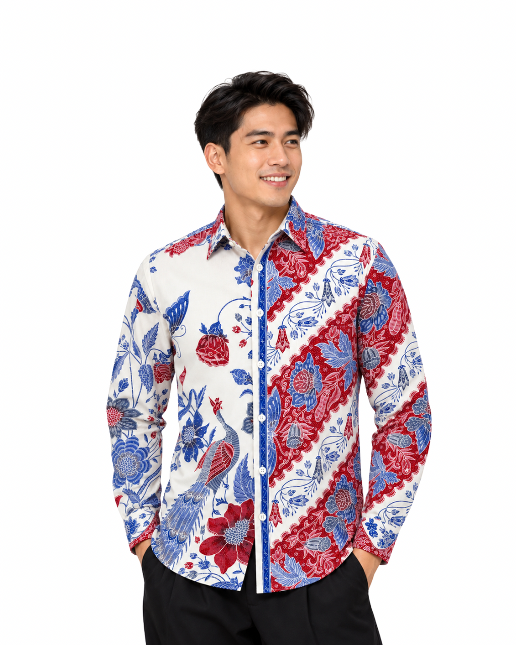 (LSPC-PE-WHT) Long Sleeve Pointed Collar White Peacock Batik Shirt
