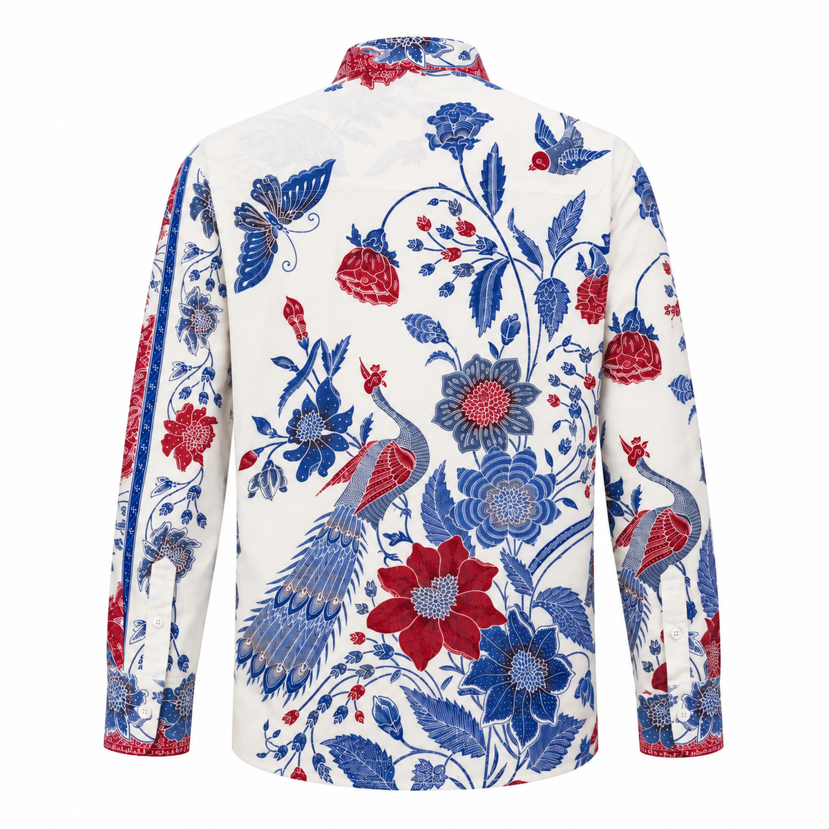 (LSPC-PE-WHT) Long Sleeve Pointed Collar White Peacock Batik Shirt
