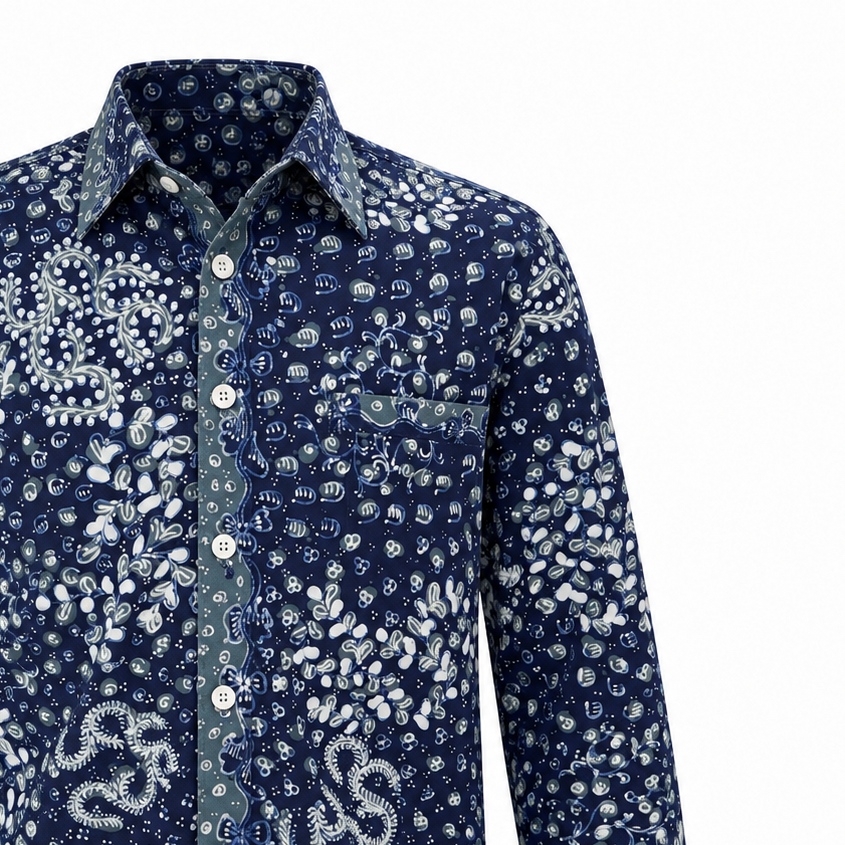 (LSPC-FIT-BLU) Long Sleeve Pointed Collar Blue Floral Hand-Drawn Batik Shirt