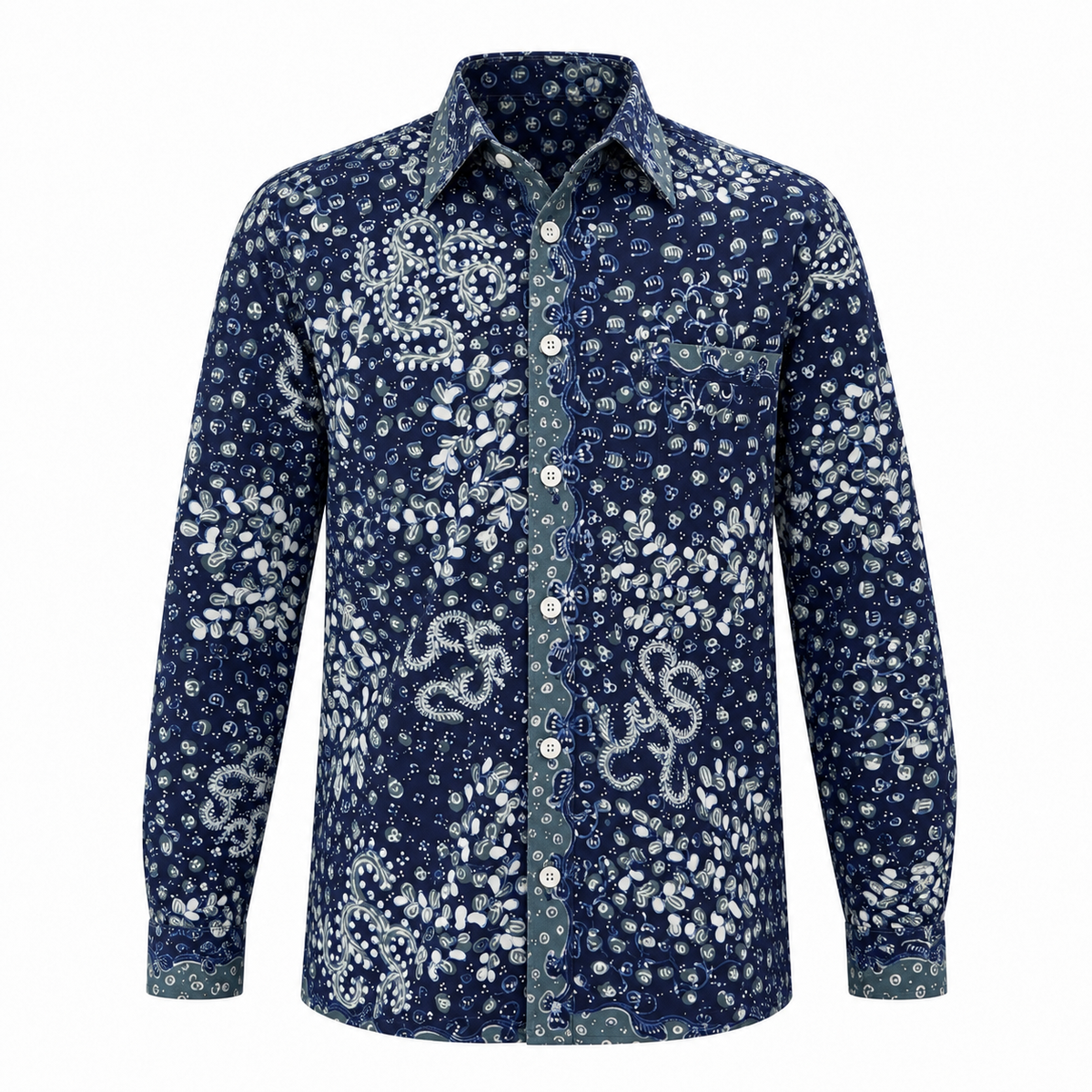 (LSPC-FIT-BLU) Long Sleeve Pointed Collar Blue Floral Hand-Drawn Batik Shirt