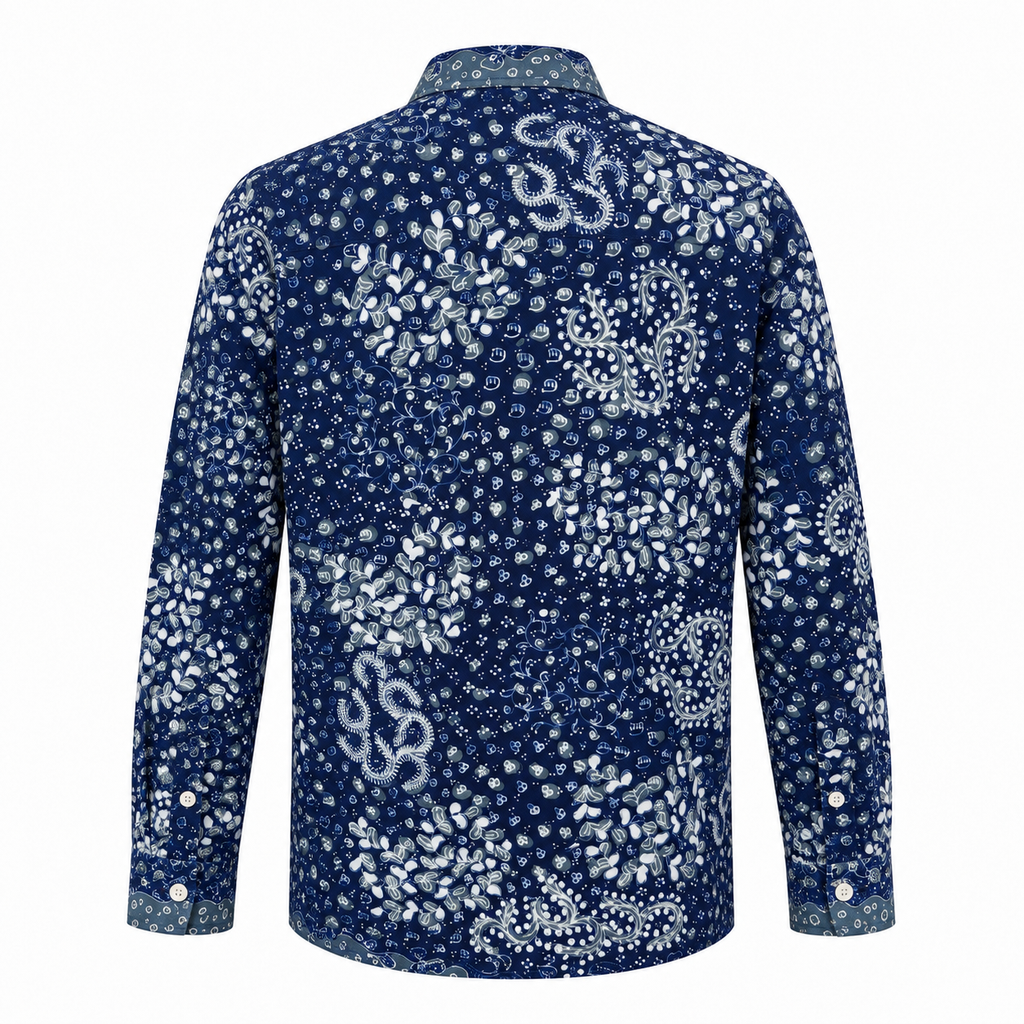 (LSPC-FIT-BLU) Long Sleeve Pointed Collar Blue Floral Hand-Drawn Batik Shirt