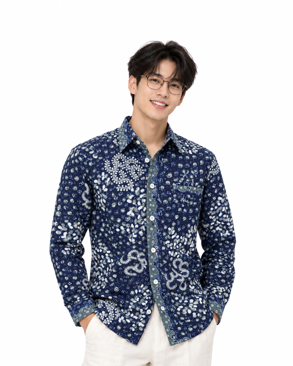 (LSPC-FIT-BLU) Long Sleeve Pointed Collar Blue Floral Hand-Drawn Batik Shirt
