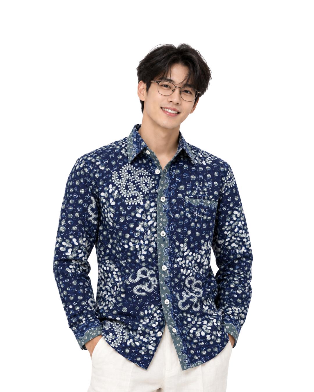 (LSPC-FIT-BLU) Long Sleeve Pointed Collar Blue Floral Hand-Drawn Batik Shirt