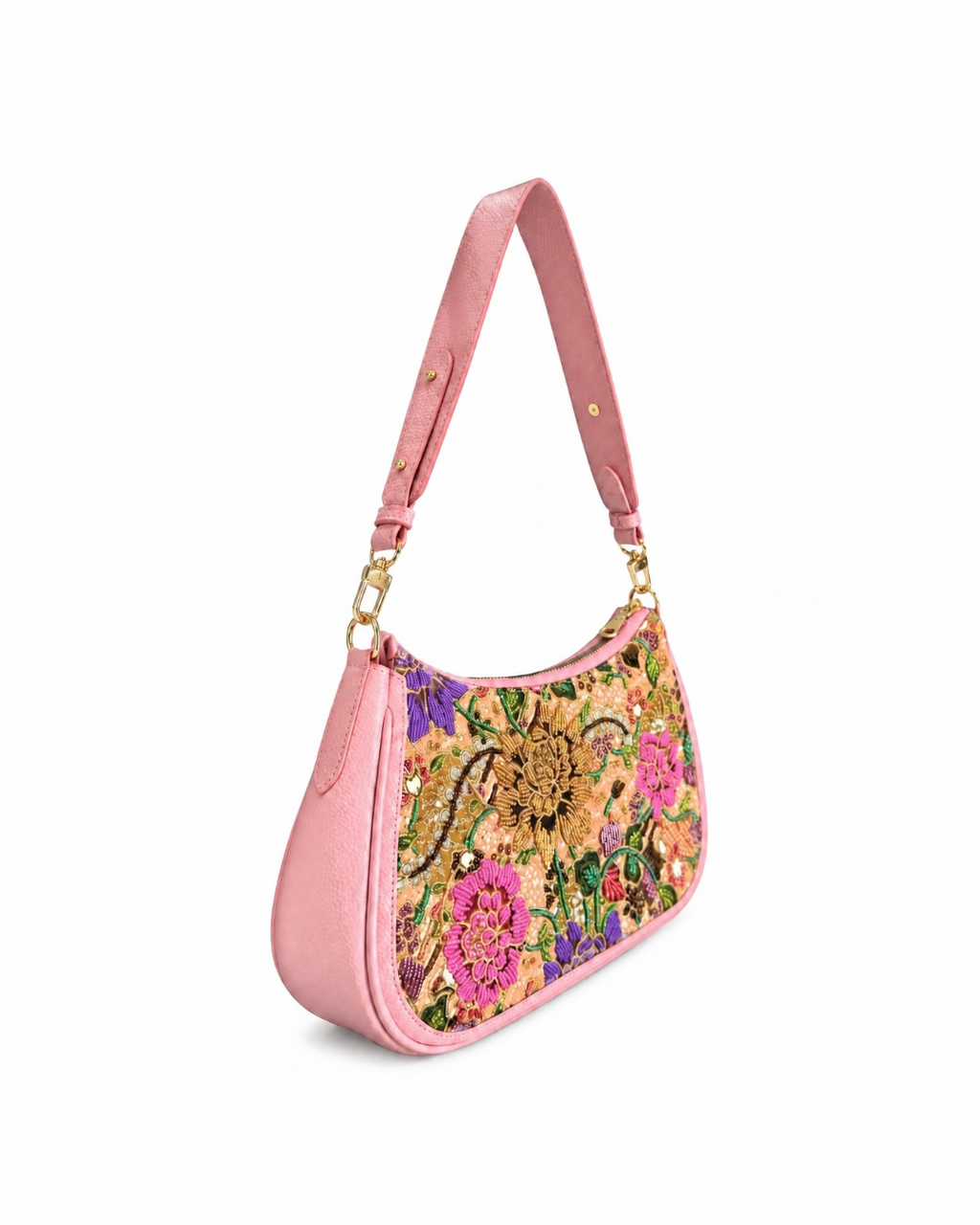(SHBLSB-LPN-PFYLWPNK) Light Pink Leather Shoulder Bag Yellow Pink Peony Flower